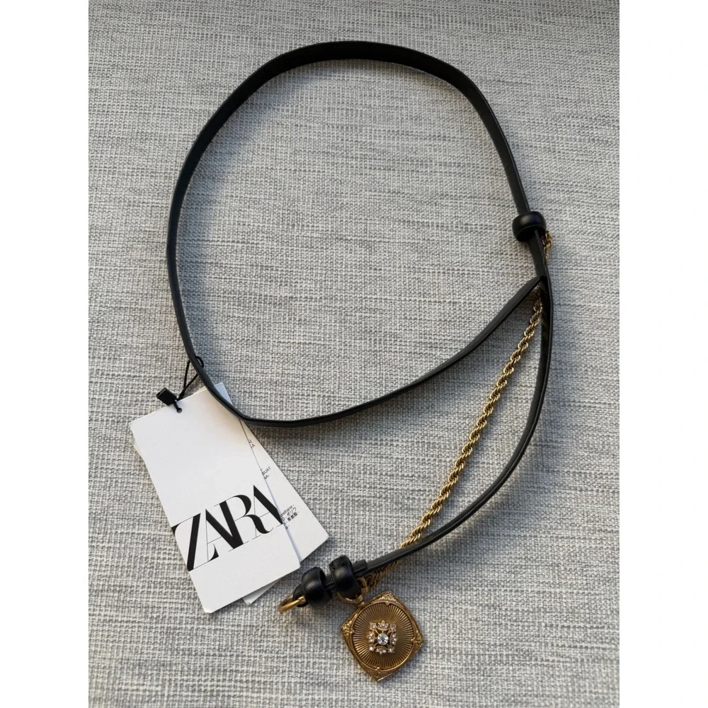 Zara Black Skinny Belt Gold Rope Chain Square Locket Pendant Rhinestone 85 NWT